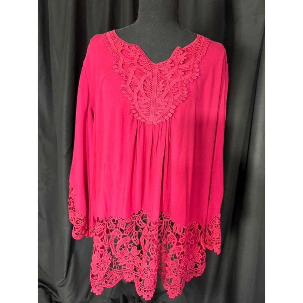 SoTeer Women's XL Fuchsia Pink Crochet Lace Tunic Blouse Long Sleeve Boho